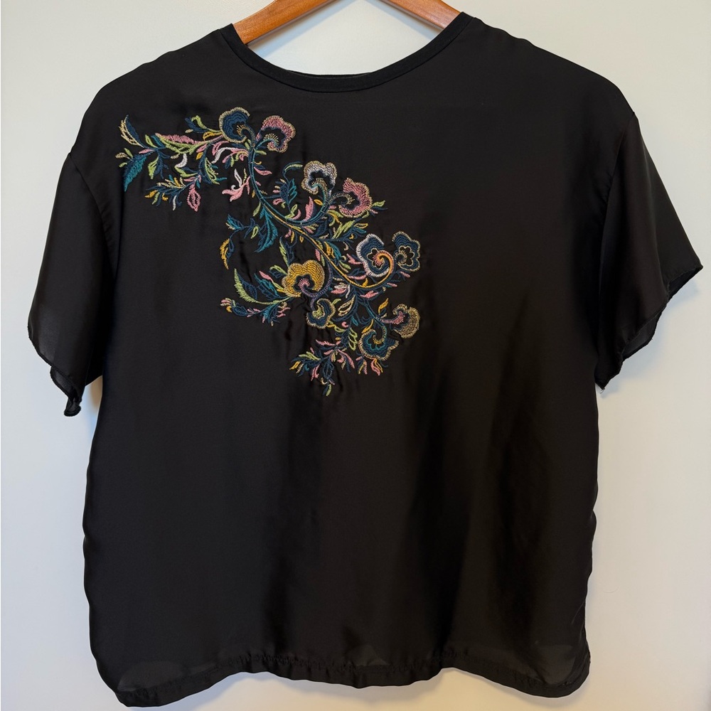 Zara Satin Black Tee with Colorful Embroidery